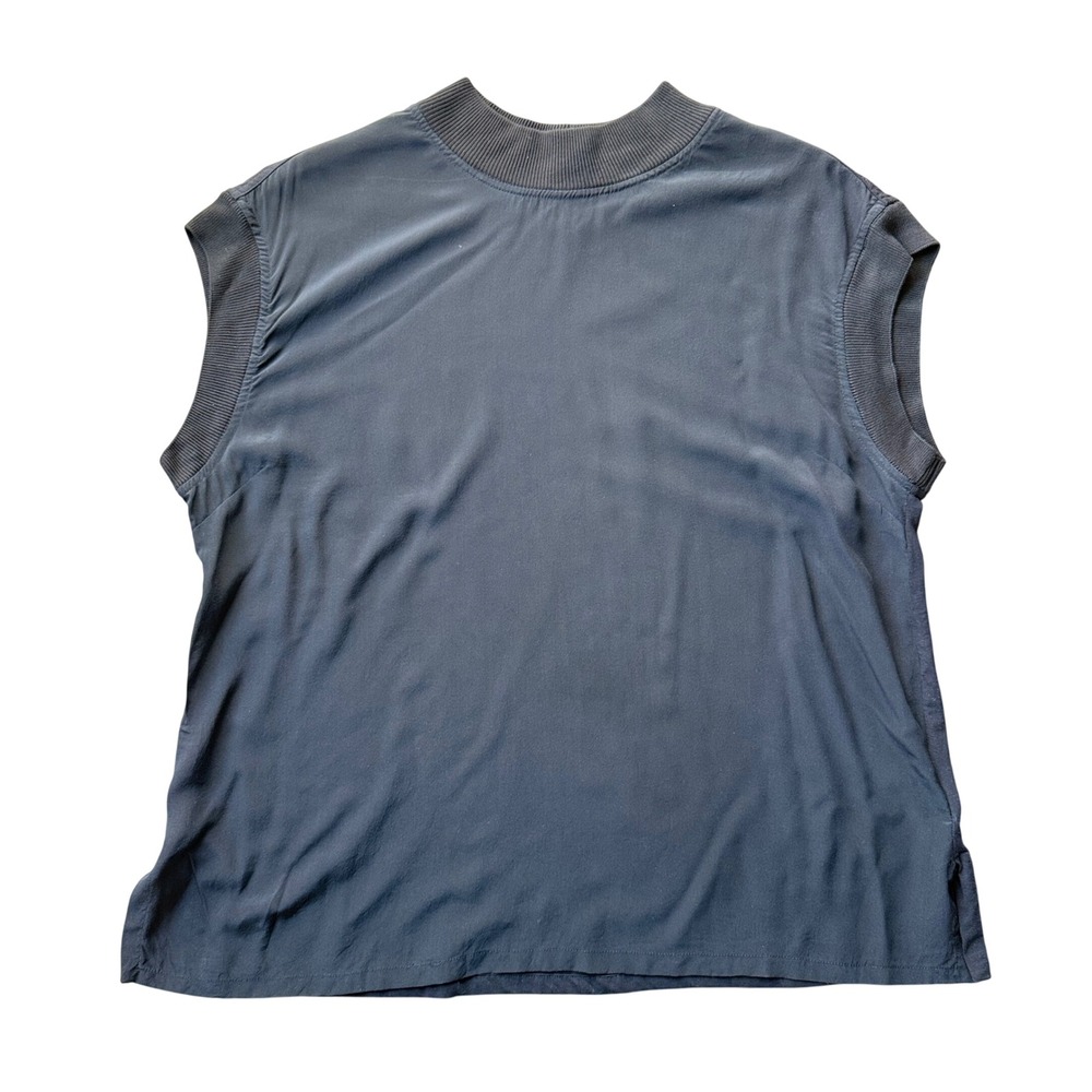 Athleta Mixed Media Silk Front Top Women L Black Excellent Mock Neck Sleeveless